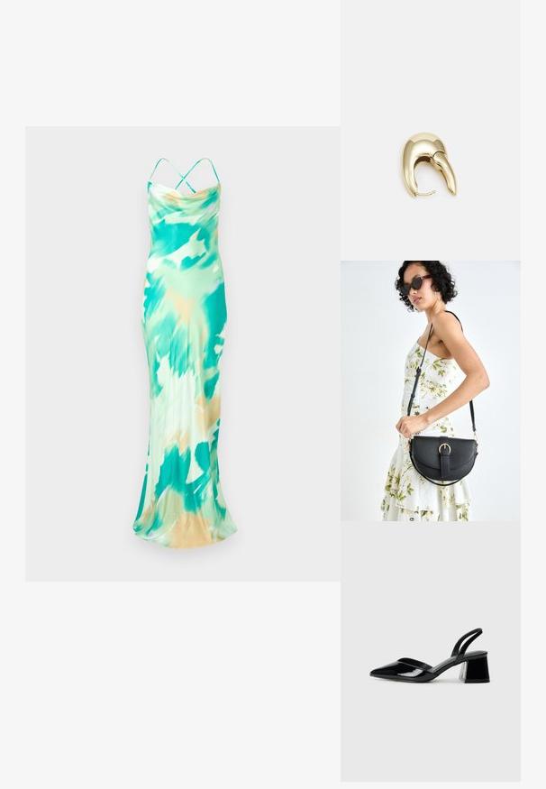 Bezrukávová, dlhá šaty v zeleno-béžovom tie-dye vzore. Hladká tkanina s drapovaným výstrihom a krížovými ramienkami na zadnej strane.; Čierne lakované kožené sandálové podpätky s špicatou špičkou a geometrickým blokovým podpätkom. Disponujú elegantným, minimalistickým dizajnom a hladkým povrchom.; Čierna kožená kabelka s zaobleným tvarom, odnímateľným popruhom a zlatými doplnkami. Kabelka má klopu s detailom s prackou.; Náušnice z kovu v zlatej farbe s elegantným, zakriveným dizajnom. Majú charakteristický špicatý tvar, leštený povrch a uzáver na pánt.