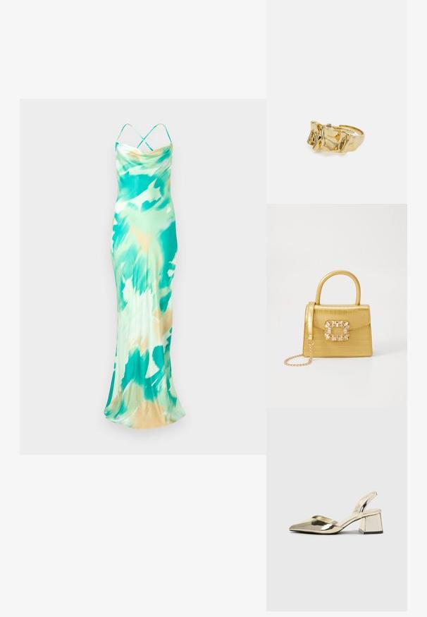 Hihattomana, lattialle ulottuvana mekona vihreä-beige sidontakuviolla. Sileä kangas, jossa on laskostettu kaula-aukko ja ristikkäiset hihnat selkäpuolella.; Kultaiset, metalliset slingback-kengät, joissa on teräväkärkiset ja paksut korot. Sileä pinta, minimalistinen muotoilu ja kapea hihna.; Keltainen keinonahkainen krokotiililaukku, jossa on jämäkkä muotoilu, yläkahva, irrotettava ketjusanka ja koristeellinen kristallikoristelu lukossa.; Kullanışlı bir ayarlanabilir yüzüğe sahip, üç belirgin zirveye sahip dokulu, dalgalı düzene sahip altın yüzük. Düzgün, parlak yüzey ve açık bant ile tasarlanmış.