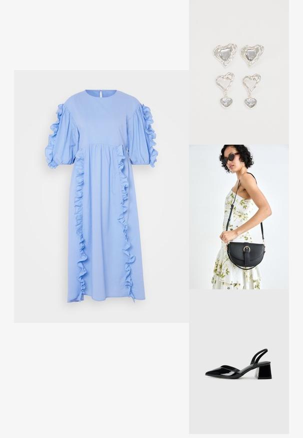 Vestido midi azul claro feito de um tecido suave, com mangas bufantes e detalhes de babados na frente e nas laterais. Detalhe nas costas em forma de chave.; Sandy em verniz preto com salto slingback, ponta afilada e salto geométrico. Apresenta um design elegante e minimalista com textura suave.; Bolsa de couro preta com forma curva, alça destacável e detalhes em dourado. A bolsa possui uma aba com detalhe de fivela.; Os brincos em forma de coração prateados apresentam pedras claras facetadas, com uma moldura texturizada. O conjunto inclui estilos de botão e de gota.