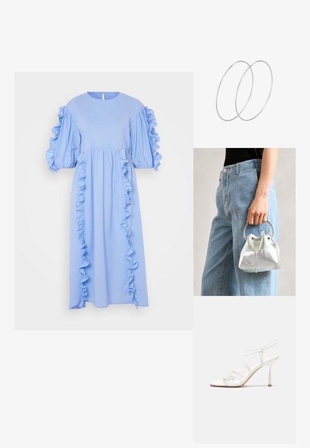 Gaiši zils midi kleita, izgatavota no mīksta auduma, ar puff piedurknēm un volānu akcentiem gar priekšu un malām. Keyhole aizmugurējais dizains.; Baltas striķu augstpapēžu sandales ar plakanu pirkstu daļu, teksturētu priekšpusi ar saveltiem akcentiem un šauru potītes siksniņu.; Metāliskā sudraba somiņa ar teksturētu apdari, rotāta ar sudraba apaļu rokturi un aukliņu aizdari, turēta pretī gaišziliem džinsiem.; Sudraba gredzenveida auskari ar minimālistisku dizainu. Cirkulāra forma, gluda tekstūra un plāns profils. Vieglu svaru ar spīdīgu apdari.