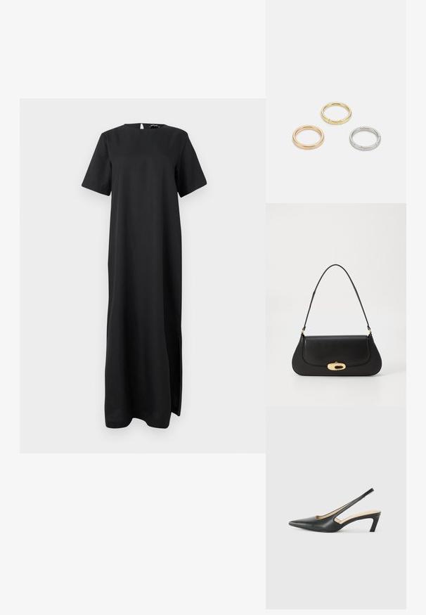 Černé maxi šaty s kulatým výstřihem, krátkými rukávy a bočními rozparky. Vyrobené z hladké textilie, s minimalistickým designem bez vzorů.; Černý špičatý slingback s nízkým podpatkem, vyrobený z hladké kůže, s výřezem na boku pro lepší prodyšnost.; Černá kožená kabelka s zakřiveným designem, zlatými akcenty a horním uchem. Vybavena elegantním zavíráním a hladkým povrchem.; Tři kovové prsteny: jeden růžově zlatý, jeden zlatý s texturovanými detaily a jeden stříbrný, všechny s vyrytým brandingem na vnitřním boku.