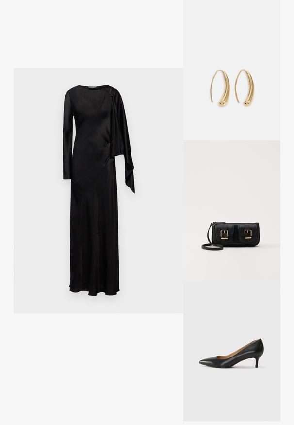 Černé saténové dlouhé šaty s kulatým výstřihem, dlouhými rukávy s asymetrickým přesahem a přiléhavým siluetou, která přechází do volného lemu.; Černé kožené lodičky s špičatou špičkou, nízkým podpatkem a hladkým povrchem. Mají mírné otevření vpředu a minimální kovové prvky na zadní straně.; Černá kožená crossbody taška se dvěma předními kapsami, zlatými přezkami, zipovým uzávěrem a štíhlým popruhem. Texturovaný povrch a kompaktní obdélníkový tvar.; Náušnice ve tvaru kruhu z pozlaceného kovu s vroubkovaným, prodlouženým tvarem. Mají hladký, lesklý povrch a zaoblený konec pro zvýraznění detailu.