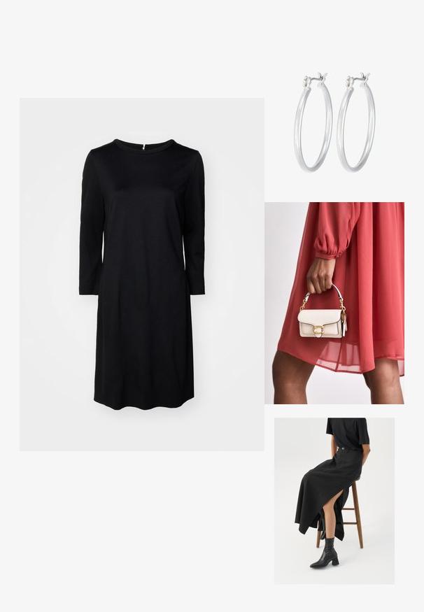 Vestido negro de longitud hasta la rodilla con escote redondo, mangas largas y cremallera en la parte posterior. Tejido liso de un solo color y sin patrones.; Falda maxi de lino negra con una abertura alta, combinada con una camiseta negra y botines negros. Diseño minimalista con un ajuste relajado.; Bolso de cuero blanco con forma rectangular, herrajes dorados y un asa corta de cadena, sostenido en una mano, combinado con un vestido rojo.; Pendientes de aro de plata con un acabado liso y pulido. Forma redonda y cierre de click seguro. Diseño ligero adecuado para el uso diario.