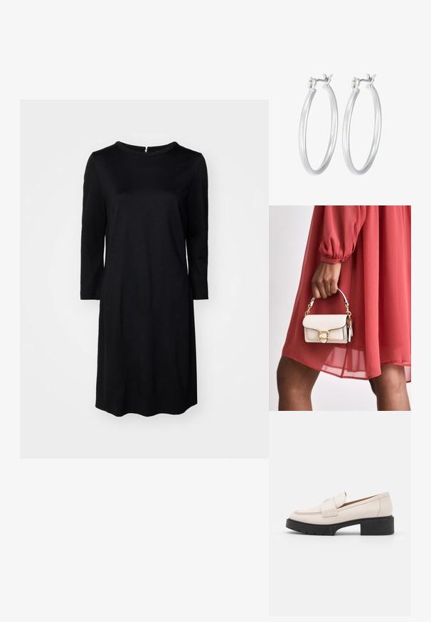 Musta polvipituinen mekko pyöreällä kaula-aukolla, pitkillä hihoilla ja takana vetoketjulla. Tasainen kangas, jossa on yhtenäinen väri ilman kuvioita.; Vaaleanbeige nahkaloaferit, joissa on ommeltu etuosa ja teksturoitu musta korko. Ominaisuuksiin kuuluu kaareva muotoilu ja kevyt kohotus.; Valkoinen nahkalaukku suorakaiteen muotoisena, kultaisilla yksityiskohdilla ja lyhyellä ketjukahvalla, pidetään kädessä, yhdistetty punaisen mekon kanssa.; Hope-silver rengas, joissa on sileä ja kiillotettu pinta. Pyöreä muoto ja turvallinen napsautettava lukitus. Kevyt muotoilu sopii päivittäiseen käyttöön.