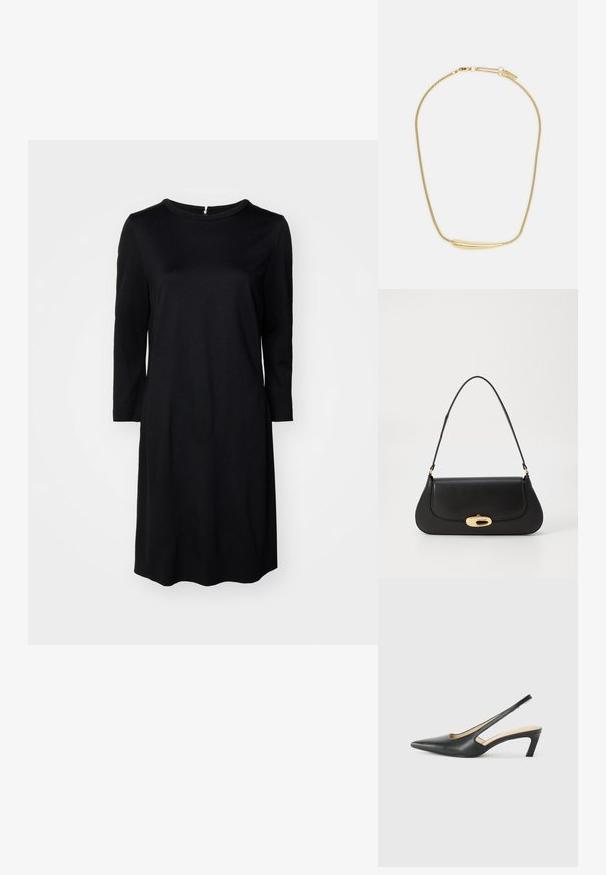Musta polvipituinen mekko pyöreällä kaula-aukolla, pitkillä hihoilla ja takana vetoketjulla. Tasainen kangas, jossa on yhtenäinen väri ilman kuvioita.; Musta, kärjeltään terävä slingback-kengä, jossa on matala korko. Kengässä on sileä nahkamateriaali ja sivuilla leikkaukset hengittävyyttä varten.; Musta nahkainen käsilaukku, jossa on kaareva muotoilu, kultasävyiset yksityiskohdat ja yläkahva. Sisältää tyylikkään sulkijan ja sileän pinnan.; Kultaketju, jossa on sileä, kaareva keskuskoriste. Mukana joustava ketju, jossa on lutikka-ansa ja lisä-adjustoitavat ketjulenkit.
