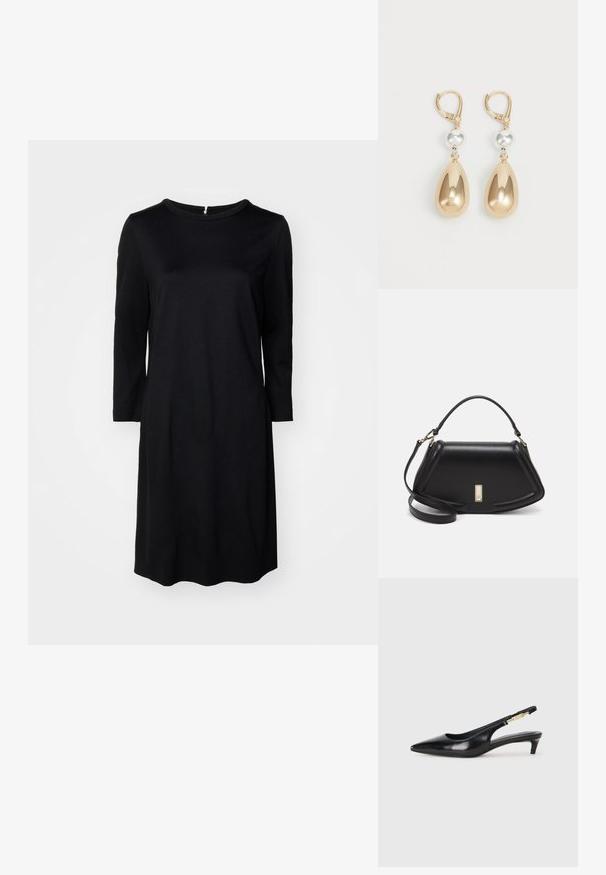 Juodas iki kelių suknelė su apvaliu iškirpimu, ilgomis rankovėmis ir užtrauktuku gale. Lygaus audinio, vientisos spalvos ir be raštų.; Juodas odinis pavasario batelių modelis su smailiu nosiu, turintis siaurą kulniuką ir auksinės spalvos akcentu reguliuojamoje juostoje. Lygi tekstūra.; Juoda odinė rankinė su struktūrizuotu dizainu, turi trumpą formą, viršutinę rankeną ir auksinius akcentus. Pridėtas reguliuojamas peties diržas.; Aukso spalvos lašai formos auskarai, su blizgiu metaliniu paviršiumi ir sidabro spalvos karoliuku kaip akcentu.