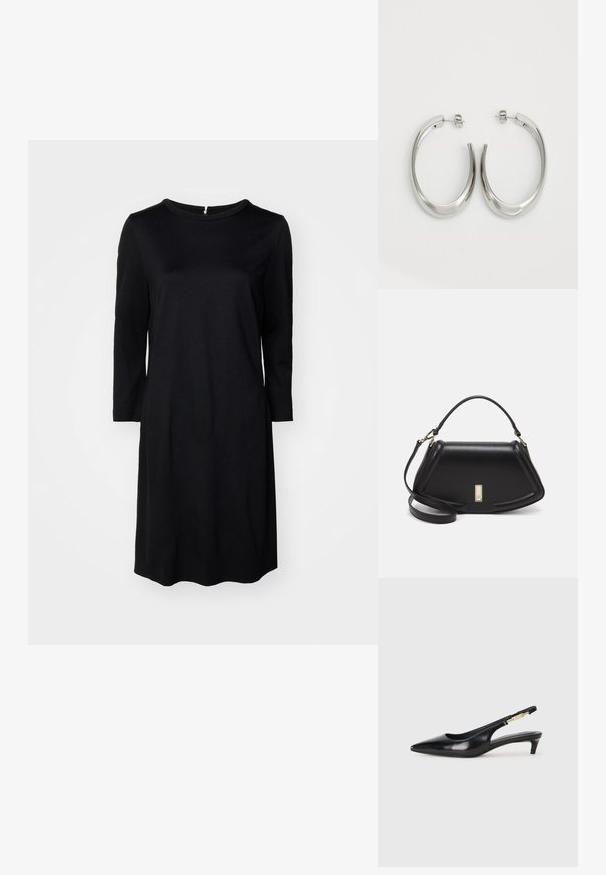 Schwarzes knielanges Kleid mit einem runden Halsausschnitt, langen Ärmeln und einem Reißverschluss auf der Rückseite. Glattes Material in einfarbiger Ausführung ohne Muster.; Schwarze Leder-Slingback-Pumps mit spitzem Schuhblatt, ausgestattet mit einem schlanken Absatz und einem goldfarbigen Akzent am verstellbaren Riemen. Glatte Textur.; Schwarze Lederhandtasche mit einem strukturierten Design, das eine verkürzte Form, einen oberen Griff und goldfarbene Hardware-Details aufweist. Verstellbarer Schulterriemen ist enthalten.; Silberne Creolen mit einem glatten, geschwungenen Design. Mit einem glänzenden metallischen Finish und Steckverschluss. Keine sichtbaren Muster oder Akzente.