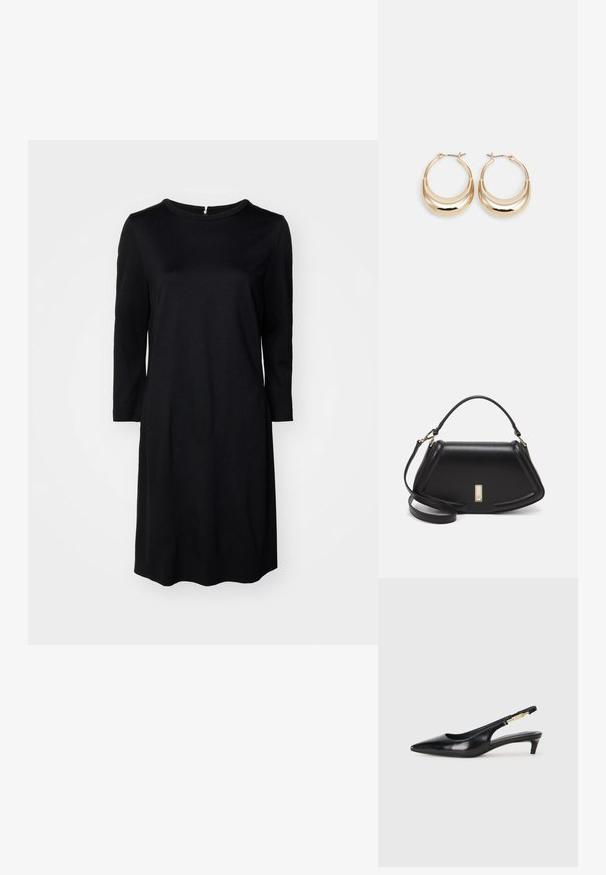 Musta polvipituinen mekko pyöreällä kaula-aukolla, pitkillä hihoilla ja takana vetoketjulla. Tasainen kangas, jossa on yhtenäinen väri ilman kuvioita.; Mustat nahkaiset slingback-korkokengät, joissa on terävä kärki, ohuet korot ja kultasävytteinen yksityiskohta säädettävässä hihnassa. Silkkinen pinta.; Mustalla nahkalaukulla, jossa on jämäkkä muotoilu, lyhyt malli, yläkahva ja kultaiset yksityiskohdat. Säädettävä olkahihna sisältyy.; Kulta-toned korvakorut, joissa on puolikuun muoto, kiillotettu pinta ja sarana-closure. Sujuva rakenne ja heijastava pinta parantavat näkyvyyttä.