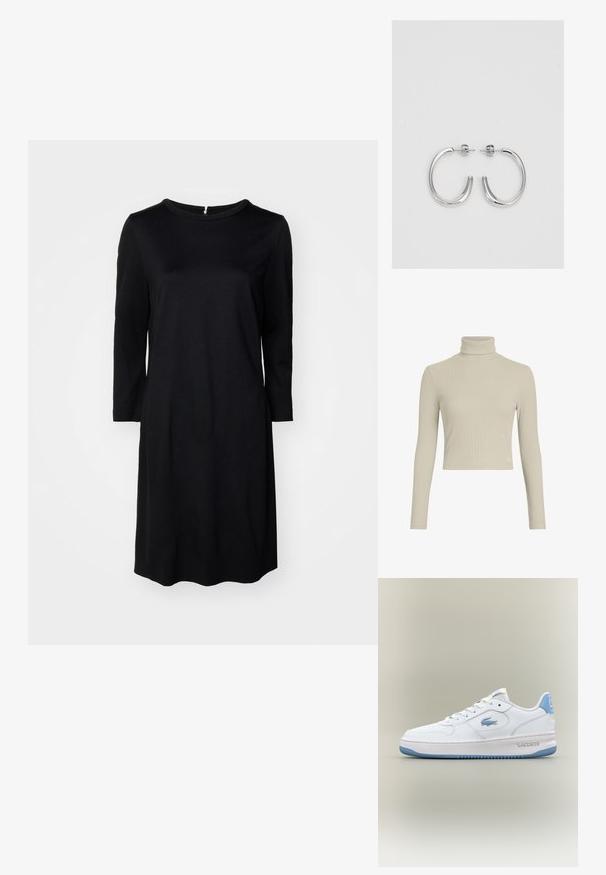 Sort knælang kjole med rund halsudskæring, lange ærmer og lynlås i ryggen. Glat stof i en ensfarvet farve uden mønstre.; Lys beige ribbet turtleneck langærmet top med et tætsiddende design og høj hals. Har en subtil logo-tag i kanten. Glat tekstur.; Hvide Lacoste sneakers med lyseblå detaljer, snørebånd foran og mærkets krokodillelogo på siden og hælen, isoleret på neutral baggrund.; Sølv hoop øreringe med en glat, skinnende overflade. Rundet form, letvægtsdesign med post-back lukning.