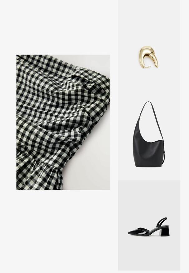 Zwart-wit geruite stof met een elastische tailleband, voorzien van geplooide details en een zachte, textuurrijke oppervlakte.; Zwarte gepatineerde leren slingback hakken met een spitse neus en een geometrische blokhak. Kenmerkt zich door een slank, minimalistisch ontwerp en een gladde textuur.; Zwarte leren hobo tas met een gladde textuur, kromme vorm en een enkele verstelbare schouderband; heeft een brede opening aan de bovenkant.; Gouden metalen oorbel met een slank, gebogen ontwerp. Beschikt over een kenmerkende puntige vorm, gepolijste oppervlakte en scharnier sluiting.