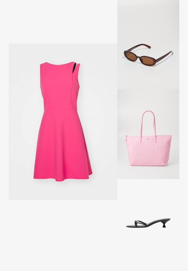Vaaleanpunainen hihaton mekko, jossa on istuva yläosa ja avara hame. Valmistettu sileästä kankaasta, jossa on hienovarainen epäsymmetrinen olkaintyyli.; Mustat korkokengät, joissa on tyylikäs muotoilu, ohuet remmit ja ainutlaatuinen kolmiomainen korko. Pinta on sileä ja ulkoasu minimaalinen.; Pyöreät, ruskehtavat aurinkolasit, joissa on kiiltävä burgundinpunainen runko. Kapeat sivut, joissa on hienovarainen brändäys. Litteät linssit.; Vaaleanpunainen kassi, joka on valmistettu tekstuurimateriaalista. Kassin edessä on kaksi pitkää kahvaa ja logo kohokuvioituna. Suljettu vetoketjulla.