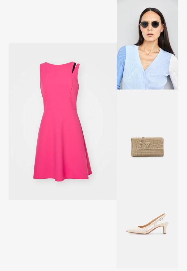 Ein ärmelloses pinkes Kleid mit einem taillierten Oberteil und einem weit schwingenden Rock. Hergestellt aus glattem Stoff, mit einem subtilen asymmetrischen Schulterdesign.; Weiße Slingback-Absätze mit spitzer Zehenpartie, glattem Obermaterial, niedrigem Blockabsatz und seitlichem Ausschnitt-Design mit verstellbarem Schnallenriemen.; Runde Sonnenbrillen mit dunklen Gläsern und goldenen Rahmen. Das Modell trägt eine hellblaue, gerippte Strickjacke mit Knöpfen und weißen Kontrastärmeln.; Goldene Handtasche mit einem aufwändigen Perlenmuster, dreieckigem Logo-Accessoire und einer metallischen Kettenriemen. Rechteckige Form, elegantes Design.; Goldfarbene rechteckige Armbanduhr mit Zifferblatt in Weiß, silbernen Stundenmarkierungen und einem strapazierfähigen Metallarmband. Wasserfest.