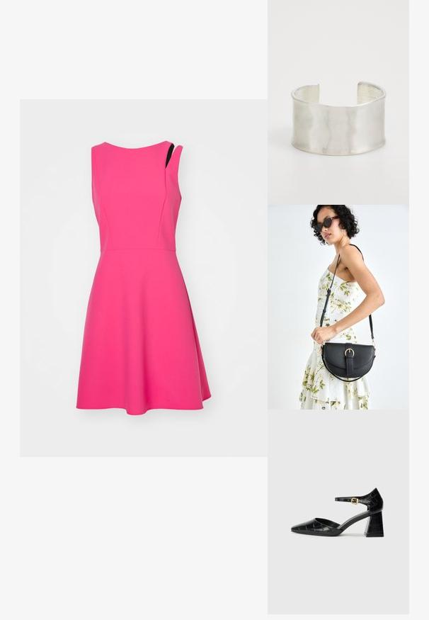 Bez piedurknēm rozā kleita ar pieguļošu augšdaļu un izvērstu svārku. Izgatavota no gludas auduma, ar neuzkrītošu asimetrisku plecu dizainu.; Melnas patentētas ādas augstpapēžu kurpes ar norādītu pirkstu, potītes siksnu un teksturētu krokodila rakstu. Kvadrātveida bloka papēža dizains.; Melnas ādas rokassoma ar izliekta formu, noņemamu siksnu un zelta aksesuāriem. Somai ir vāciņš ar sprādzes detaļu.; Zign Rokassprādze - silver-coloured