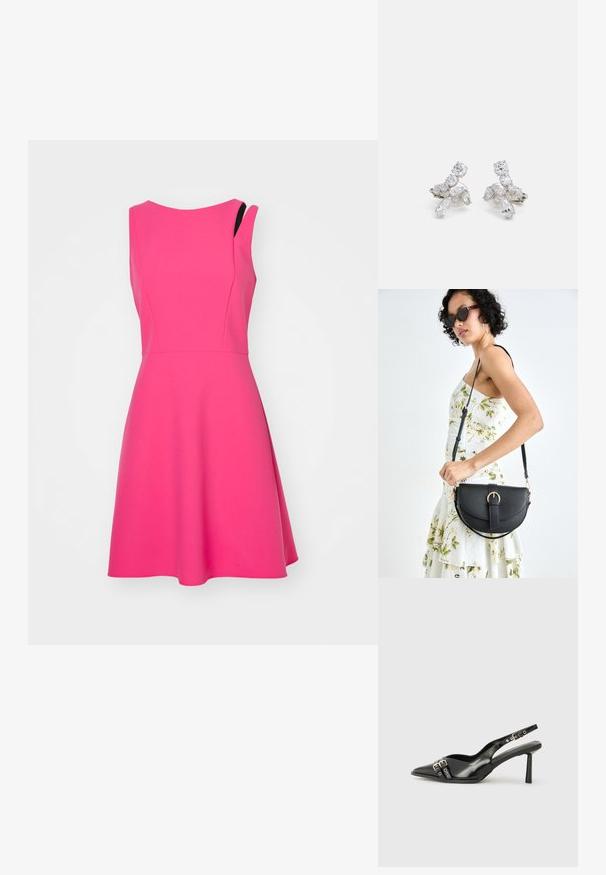 Ein ärmelloses pinkes Kleid mit einem taillierten Oberteil und einem weit schwingenden Rock. Hergestellt aus glattem Stoff, mit einem subtilen asymmetrischen Schulterdesign.; Schwarzer Lackleder Slingback-Schuh mit spitzem Zehenbereich, Knöchelriemen mit silbernen Schnallen und Beschlägen sowie einem schlanken Absatz.; Schwarze Lederhandtasche mit geschwungener Form, abnehmbarem Tragegurt und goldenen Beschlägen. Die Tasche verfügt über einen Deckel mit einer Schnallen-Details.; Silberfarbene Ohrringe mit klaren, funkelnden Steinen in verschiedenen Formen, darunter rund und marcasit, die in einem floralen Design angeordnet sind.