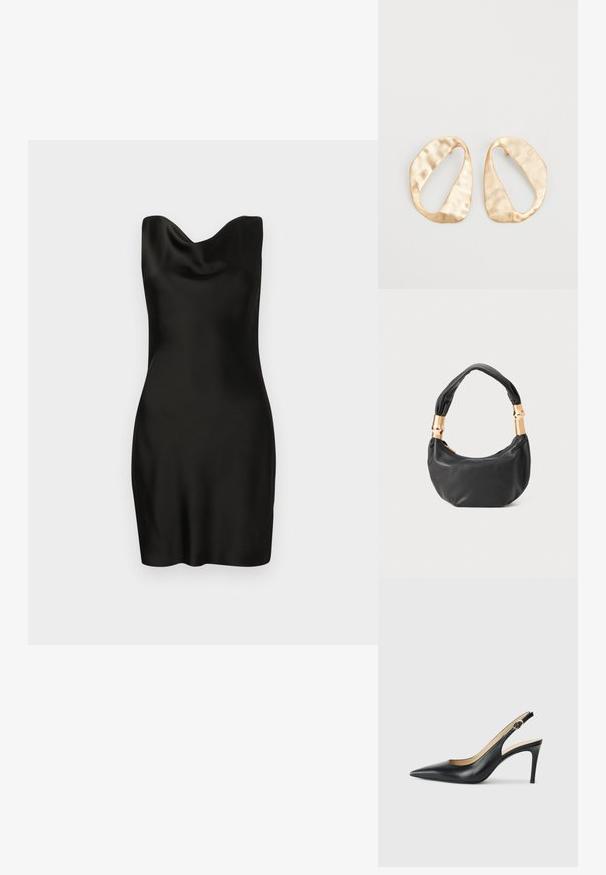 Vestido de cetim preto com decote drapeado. O design é ajustado, com uma textura suave e um comprimento curto, exibindo uma silhueta elegante e minimalista.; Saltos altos slingback em couro preto, com bico fino, tira ajustável e um elegante salto stiletto, apresentando um acabamento suave.; Mala de mão em couro preto com forma redonda, textura suave e alça com nó, apresentando detalhes em metal dourado. Fecho em zíper.; Par de brincos irregulares em forma oval, feitos de metal dourado, com uma superfície texturizada e ligeiramente martelada, sobre um fundo branco.