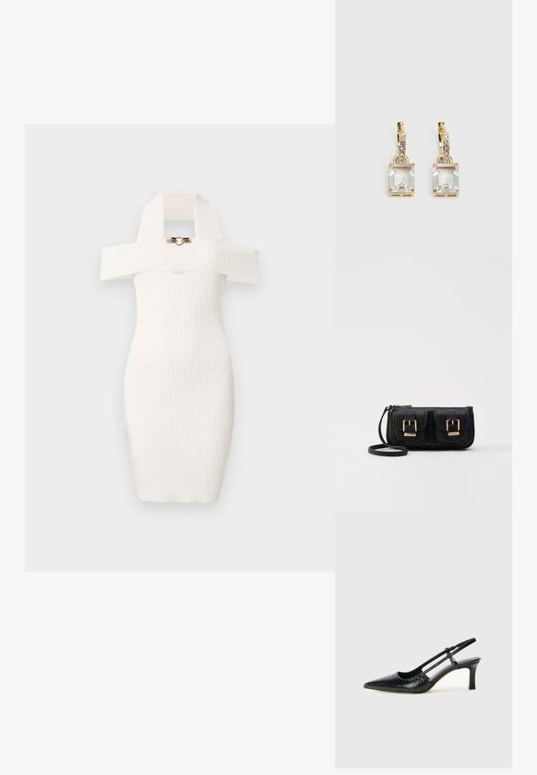 Robe blanche côtelée avec une coupe ajustée, un design décolleté, et un grand col distinctif avec un accent en métal doré à l'avant.; Escarpin slingback en vernis noir avec un bout pointu, présentant un imprimé serpent texturé, une sangle réglable et un petit talon bloc texturé.; Sac en cuir noir porté en travers avec deux poches avant, boucles dorées, fermeture zippée et une sangle fine. Surface texturée et forme rectangulaire compacte.; Boucles d'oreilles en or lumineux avec un cristal rectangulaire transparent pendent sous une rangée de petits accents ronds transparents. Design élégant et moderne.