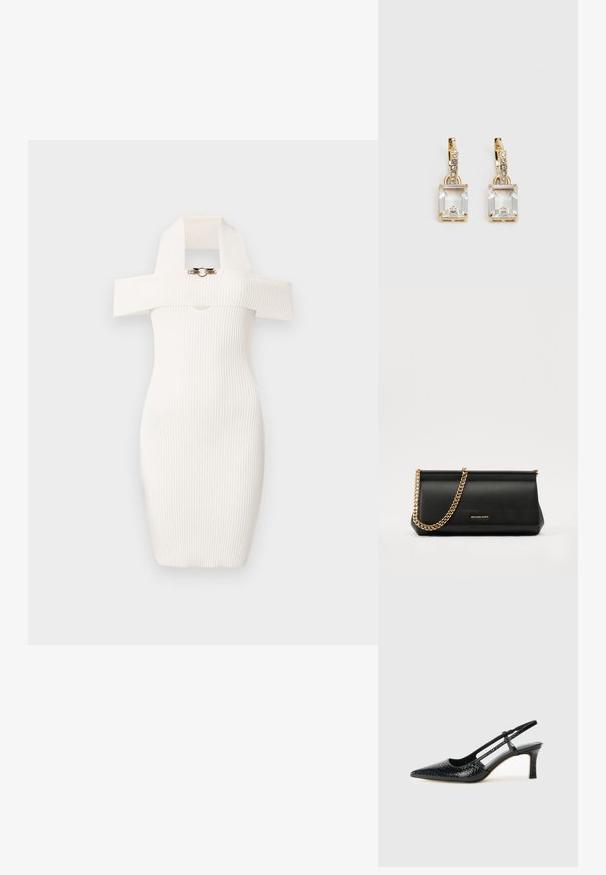 Robe blanche côtelée avec une coupe ajustée, un design décolleté, et un grand col distinctif avec un accent en métal doré à l'avant.; Escarpin slingback en vernis noir avec un bout pointu, présentant un imprimé serpent texturé, une sangle réglable et un petit talon bloc texturé.; Sac à main en cuir noir avec une bandoulière en chaîne dorée, présentant une texture lisse, une forme rectangulaire et une marque embossée à l'avant.; Boucles d'oreilles en or lumineux avec un cristal rectangulaire transparent pendent sous une rangée de petits accents ronds transparents. Design élégant et moderne.