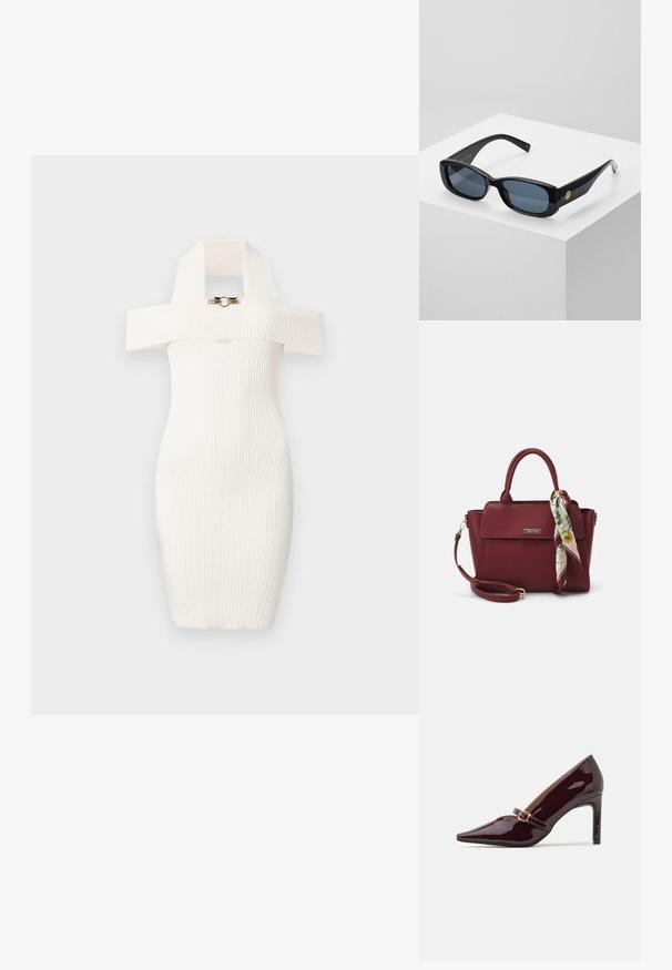 Ribbad vit klänning med en figurnära passform, utan axlar-design och en distinkt stor krage med ett guldaccent på framsidan.; Patent vinröd högklackad sko med spetsig tå, ankelrem med guldfärgad detaljer och en slät, polerad yta. Högt stilettklack.; Svarta rektangulära solglasögon med tonade blå linser, tjocka bågar och en gyllene cirkulär detalj på sidan. Slät, glänsande yta.; Burgundy handväska i syntetmaterial med en strukturerad design, som har ett avtagbart band och en scarf med blommönster knuten vid handtaget.