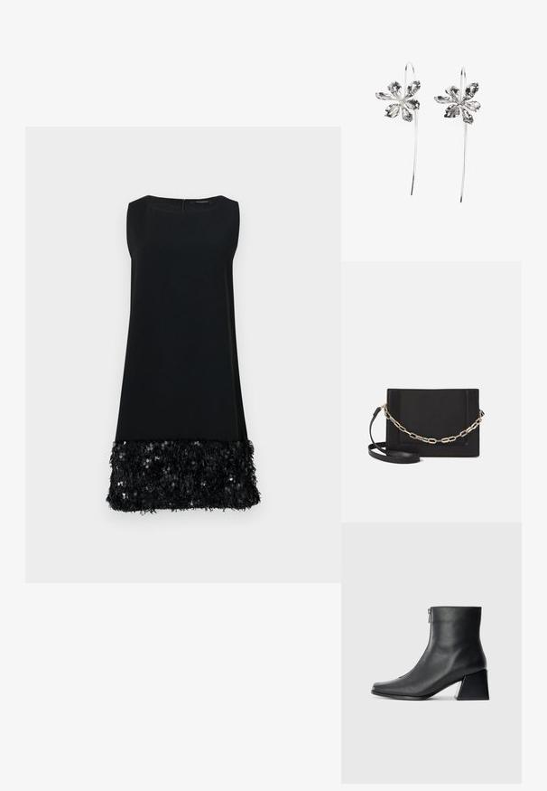 Černé bezrukávové šaty s hladkým horním dílem a texturovaným lemem zdobeným flitry, s kulatým výstřihem a zadním zipovým zapínáním.; Černá kožená kotníková bota se čtveratým špičkou, bočním zipem a blokovým podpatkem na jednobarevném světlem pozadí.; Černá kožená crossbody taška s hladkým povrchem, obdélníkovým tvarem a kovovým řetízkem na přední straně. Součástí je nastavitelný popruh.; Stříbrné naušnice ve tvaru květiny s texturovaným povrchem, které mají dlouhé háčky a detaily v podobě okvětních lístků pro složitý design.