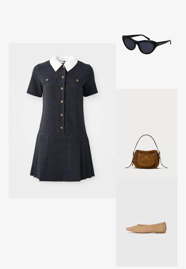 Jūros laivyno langelių rašto suknelė su trumpomis rankovėmis, balta apykakle ir penkiomis auksinėmis knopkėmis. Klostuotas sijonas suteikia tekstūrą ir kontrastą.; Bežiniai antblauzdžiai baleto bateliai su smailiu pirštu, mažu kulnu, lygiu paviršiumi ir minimalistišku dizainu. Nėra matomų metalinių detalių ar puošmenų.; Juodos katės akies formos saulės akiniai su tamsiais objektyvais, blizgiu paviršiumi ir ryškiu kampuotu dizainu; ant šakos yra auksinė logotipo detalė.; Rudos zomšos pagaminta petneša krepšys su kreiviu formatu, kontrastingais siūlais, auksinės spalvos metaliniais akcentais ir užtrauktuku uždaru priekinio kišenių.