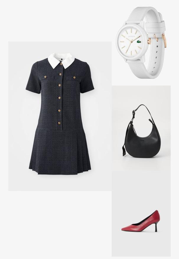 Námořnické kostkované šaty s krátkými rukávy, bílým límcem a pěti zlatými knoflíky. Sukně s plisováním dodává texturu a kontrast.; Červené kožené lodičky na vysokém podpatku s špičatou špičkou a tenkým černým podpatkem. Hladká textura s elegantním siluetou.; Černá kožená taška přes rameno s křivkovým tvarem, zipovým uzávěrem a nastavitelním popruhem. Na přední straně je embosované logo značky.; Bílý silikonový hodinky s texturovaným páskem, s kulatým ciferníkem, zlatými značkami a zeleným logem Lacoste.