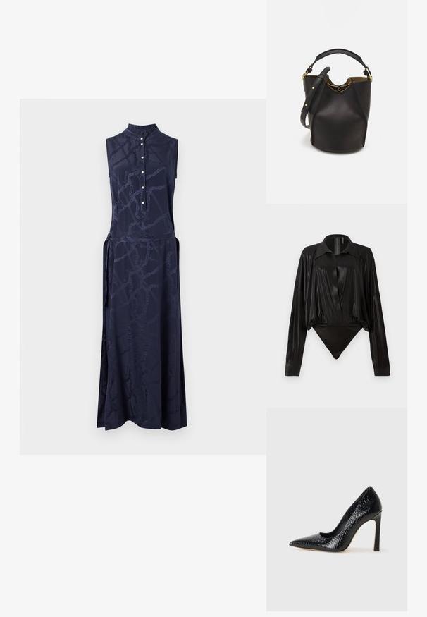 Tume sinise varrukateta kleit kõrge kaelusega, nööpide reas ja peene ahelamustriga. Pehme kangas ja küljeotsad loovad voolava silueti.; Must tooni bodysuit pikad varrukad, V-keres ja stuudiud joontega. Valmistatud läikivast, siledast kangast, millel on konstruktsiooniga krae ja mansetid.; Mustan teravaotsaga kõrge kontsaga king, millel on krokodillimustriga tekstuur, stiilne disain, kõrge stilettokonts ja sile must sisesisustus.; Mustast nahkämbriga kott tekstuurses viimistluses, kuldsete metalldetailide aktsentidega ja avatud ülaosaga. Omab lühikest käepidet ja reguleeritavat õlavarre rihma.