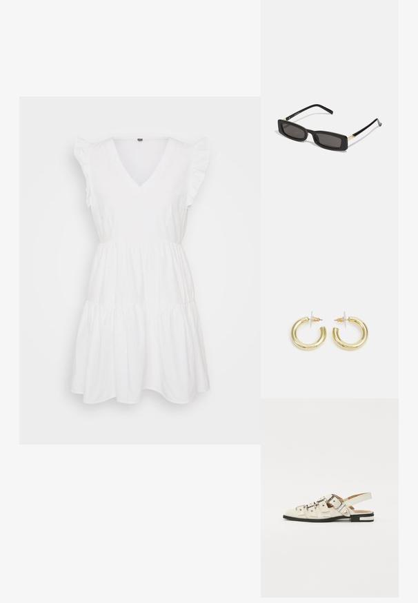 Balta kokvilnas kleita ar V-veida kakla izgriezumu, īsām volānām un pakāpenisku dizainu. Gluda tekstūra ar plūstošu formu.; Baleta sandalītes baltā ādā ar vairākiem platām siksnām un sudraba sprādzēm; plakana zole ar mazu melnu papēdi un metalizētām akcentiem.; Melnas taisnstūra saulesbrilles ar tumšiem objektīviem, spīdīgām plastikāta rāmēm un zelta akcentiem tempļos. Minimalistisks dizains un eleganta forma.; Zelta auskari ar gludu, spīdīgu apdari. Apaļš dizains, kas ietver mazu tapu un caurspīdīgu pamatni drošai valkāšanai.