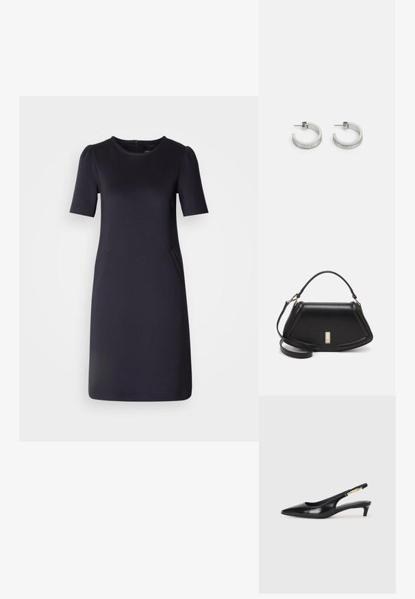 Himmelblaues Kleid mit kurzen Ärmeln, rundem Ausschnitt und zwei seitlichen Taschen. Weicher, glatter Stoff mit lockerer Passform und knielangem Design.; Schwarze Leder-Slingback-Pumps mit spitzem Schuhblatt, ausgestattet mit einem schlanken Absatz und einem goldfarbigen Akzent am verstellbaren Riemen. Glatte Textur.; Schwarze Lederhandtasche mit einem strukturierten Design, das eine verkürzte Form, einen oberen Griff und goldfarbene Hardware-Details aufweist. Verstellbarer Schulterriemen ist enthalten.; Silberne Creolen mit einer glatten Oberfläche und einer Reihe kleiner klarer Steine entlang der unteren Kante, mit einer Steckverschluss.