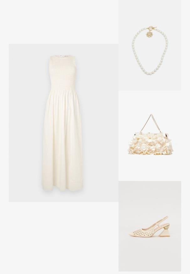 Lang, ermanget kjole i crème med et smocket liv og et flydende nederdel. Har rund halsudskæring og en nøglehulslås bagpå.; Beige slingback sko med perforert overdel, spiss tå og en kontrasterende trekantet hæl med gullakksent. Generelt glatt tekstur.; Hvit blomsterhåndveske med en samlet stoffoverflate, gullfarget kjedehank og metallklips. Har teksturerte kronblader for ekstra detalj.; Lauren Ralph Lauren COLLAR - Smykke - gold-coloured/white