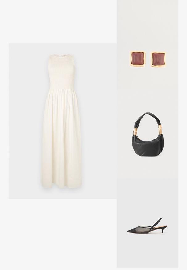 Vestido longo, sem mangas, em creme, com corpete franzido e saia fluida. Apresenta um decote redondo e um fecho nas costas em forma de fenda.; NEOUS IRENA - Saltos clássicos - black; Mala de mão em couro preto com forma redonda, textura suave e alça com nó, apresentando detalhes em metal dourado. Fecho em zíper.; Brincos de stud quadrados com um centro de um profundo tom de burgundy, realçado por uma moldura texturizada em tom dourado. Superfície lisa com bordas arredondadas.