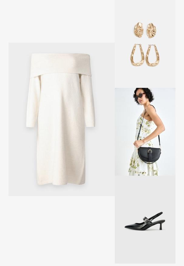 Vestido creme de alças caídas em tecido suave e texturizado; mangas longas com punhos justos; corte descontraído; design até aos joelhos.; Saltos slingback em verniz preto com bico pontiagudo e um pequeno salto bloco, apresentando um detalhe de fivela prateada na tira.; Bolsa de couro preta com forma curva, alça destacável e detalhes em dourado. A bolsa possui uma aba com detalhe de fivela.; Brincos em tom de ouro com formas onduladas e texturizadas. Inclui studs escultóricos com presilha e um design de argola aberta com um acabamento martelado.