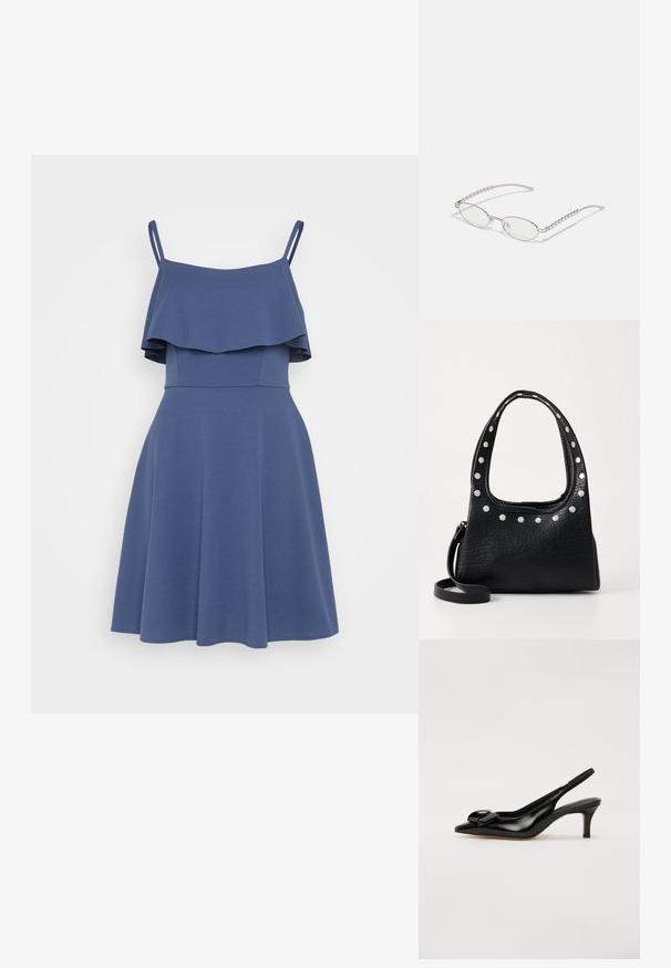 Robe bleue avec un corsage ajusté, une jupe évasée et des volants superposés au niveau du col. Bretelles spaghetti réglables, texture de tissu lisse.; Chaussure slingback en cuir verni noir avec un bout pointu, un petit talon et un accent de nœud prononcé sur le devant. Texture lisse et design élégant.; Lunettes ovales avec une monture métallique argentée, verres transparents et accents de branches texturées avec perles. Design léger avec des branches courbées.; Sac à main en cuir noir texturé avec des clous argentés le long du bord supérieur et des poignées, doté d'une courte poignée et d'une sangle amovible.
