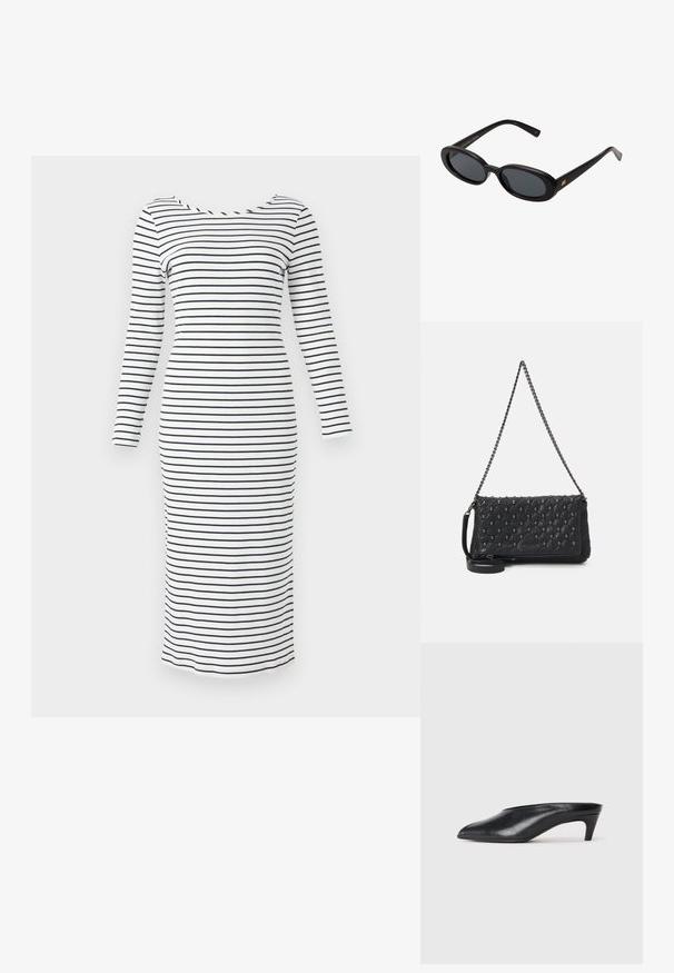 Vestido de manga longa riscado, feito de tecido canelado, em branco com riscas horizontais azul-marinho. Apresenta um decote barco e uma silhueta ajustada.; Mules de couro preto com bico afunilado, salto baixo e textura suave. Design minimalista sem hardware ou padrões visíveis.; Óculos de sol pretos oversized com lentes ovais, armação de plástico suave e detalhes em dourado nas hastes. As lentes escuras oferecem proteção solar.; Bolsa de couro preta acolchoada com uma alça de corrente, apresentando detalhe de caveiras e fecho em zíper. Superfície texturizada com um acabamento brilhante.