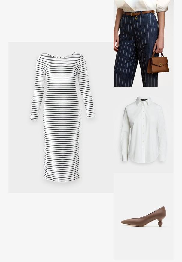 Vestido de manga longa riscado, feito de tecido canelado, em branco com riscas horizontais azul-marinho. Apresenta um decote barco e uma silhueta ajustada.; Camisa branca de manga longa com botões, feita de algodão. Apresenta um colarinho clássico, sete botões e um logótipo discreto bordado no peito.; Sapatilha de bico apontado em pele castanha com um único salto redondo e distinto. Textura suave, design elegante e detalhes minimalistas.; Saco de mão castanho com textura e ferragens douradas, segurado ao lado de calças listradas em azul com linhas verticais brancas. Design simples e estruturado.