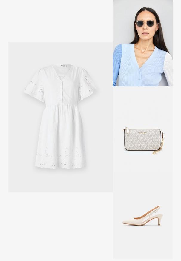 Vit kortärmad klänning med v-ringning, knapplåsning, rynkad midja och broderade blommönster på ärmarna och fållen.; Vit slingbackklack med spetsig tå, slät ovandel, låg blockklack och sidoutskärning med justerbar spänne.; Runda solglasögon med mörka linser och guldramar. Modellen bär en ljusblå, ribbad cardigan med knappar och kontrasterande vita ärmar.; Michael Kors handledos i beige belagd kanvas med ett upprepande MK-logomönster, gyllene detaljer och ett avtagbart kedjehandtag.