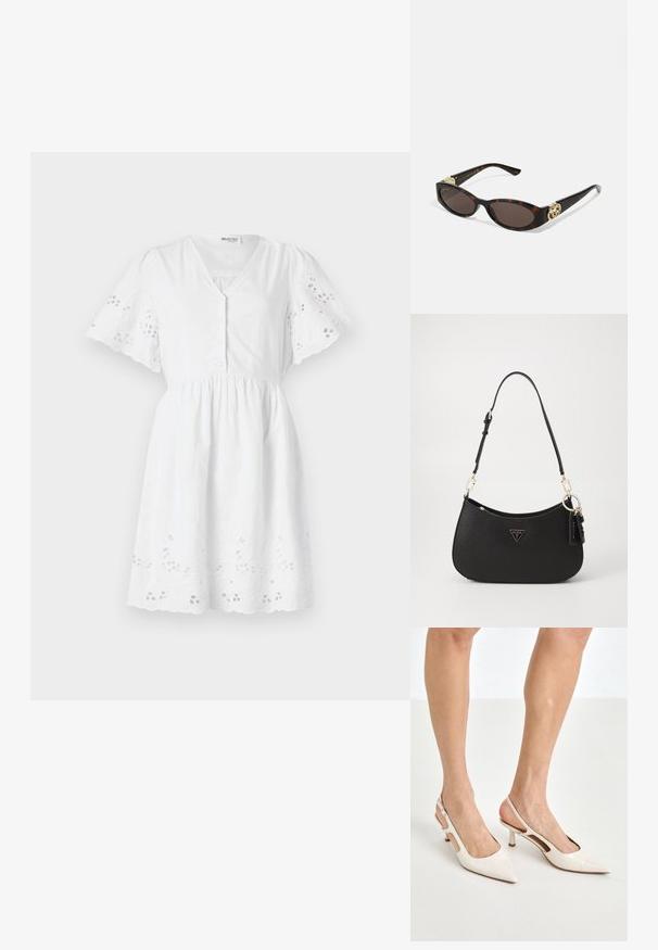 Bela obleka s kratkimi rokavi in V-izrezom, z gumbnim zapiranjem, nabranim pasom ter vezenimi cvetličnimi vzorci na rokavih in robu.; Bež lakirane usnjene čevlje na peto s koničastim nosom in 5 cm visokim peto, ki imata izrezane stranice in tanko zanko okoli gležnja.; Kornjačaste sunčane naočale s izduženim ovalnim lećama, smeškim tonovima, zlatnim logotipom na drškama i elegantnim crnim rukohvatima.; Črna sintetična torbica s kravato obliko, z zlatimi detajli in trikotno oznako. Ima zadrgo in nastavljiv trak.