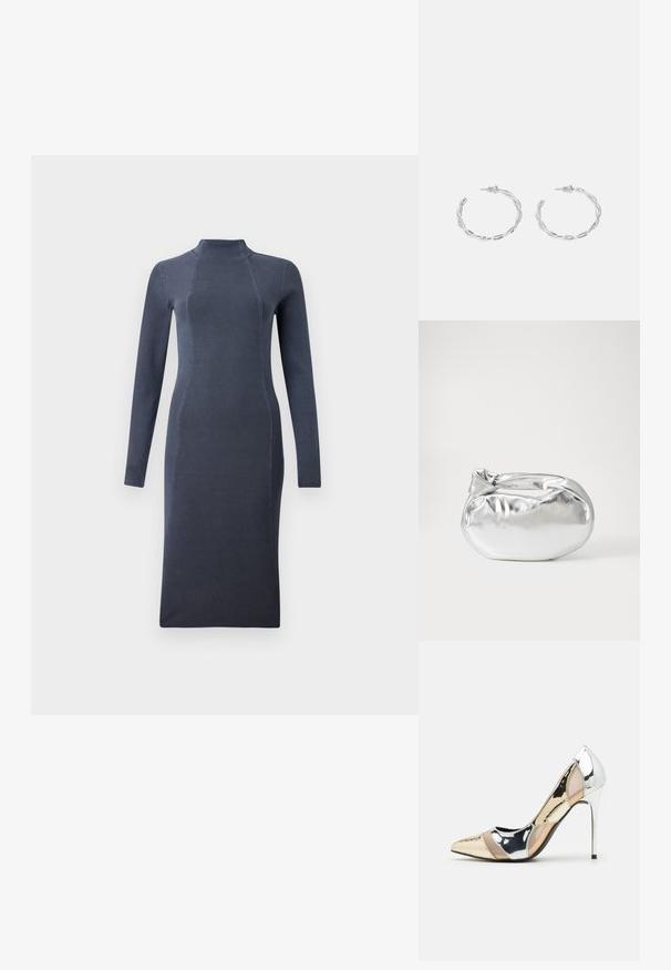 Temno siva dolga pletena obleka z lažnim ovratnikom in oprijetim silhueto, ki se ponaša z rahlo rebrasto teksturo in vertikalnimi šivi.; Čevlji z visoko peto in konico, v barvni kombinaciji srebrne, zlate in nude. Sijajna obdelava z izrezljanim dizajnom, z igličasto peto.; Srebrna kovinska torbica z mehko, zaobljeno obliko in zavezano zgornjo zaporo. Narejena iz gladkega umetnega usnja.; Srebrni uhani v obliki obročka s spiralnim dizajnom, ki imajo sijajno površino in zapiralo na zadnji strani. Mere znašajo približno 3 cm v premeru.