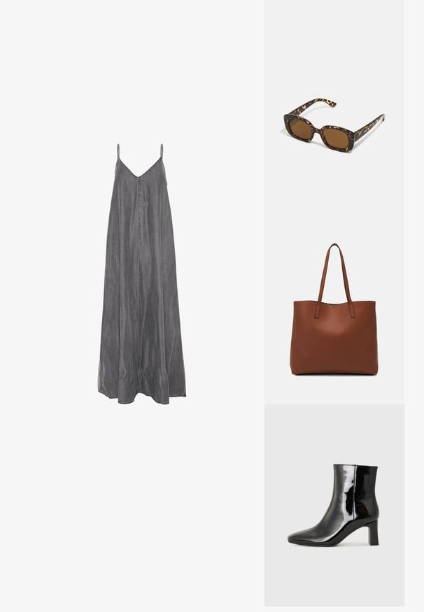 Szürke farmer maxi ruha vékony állítható pántokkal, V-nyakkivágással és laza, bájos siluettel. Az éleken varrott részletek jellemzik.; Fekete lakk bőrcipő bokáig érő, hegyes orral és közepes magasságú tömbsarokkal. Simább textúrával és minimalista dizájnnal rendelkezik.; Teknősbéka mintázatú napszemüveg kerek, vastag kerettel és barna lencsékkel. Finom mintázattal és egyenes, keskenyedő szárakkal rendelkezik.; Barna bőr vászontáska sima textúrával, nyitott tetejű dizájnnal és két vállpánttal. Minimális varrással és látható hardver nélkül készült.