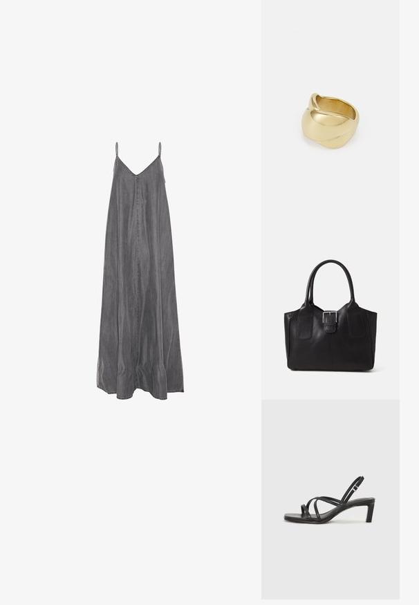 Robe maxi en denim gris avec de fines bretelles réglables, un décolleté en V et une silhouette ample et fluide. Présente des détails cousus le long des bords.; Sandale noire à lanières avec un bout carré et un petit talon bloc. Elle présente plusieurs fines lanières et une sangle de cheville ajustable. Fabriquée en cuir lisse.; Sac fourre-tout en cuir noir avec une texture lisse, une forme structurée, deux poignées et un détail en boucle argentée proéminent à l'avant.; Bague couleur or avec un design lisse et torsadé. Présente une surface brillante et des bords arrondis, créant une forme fluide et homogène.