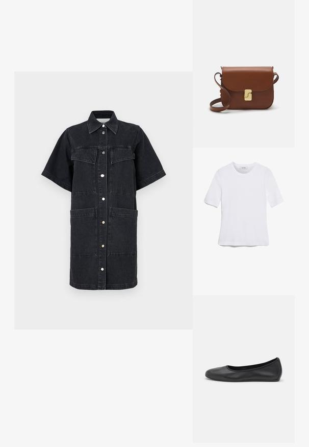 CLOSED MINI DRESS - Vestido de ganga - dark grey; T-shirt de manga curta branca feita de tecido canelado. Decote redondo, ajuste regular e detalhes de costura subtis. Sem padrões ou gráficos.; Bailarina preta em pele com bico arredondado, textura suave, detalhe de costura minimalista e design de sola flexível.; Bolsa de couro castanho com fecho de aba, decoração em tom dourado, alça de ombro e textura suave. Formato retangular compacto.