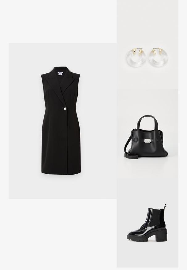 Μαύρο αμάνικο φόρεμα με γωνιακό γιακά, εμπρόσθια κλείσιμο με κουμπιά, κομψή εφαρμογή και μαλακή υφή. Μινιμαλιστικός σχεδιασμός χωρίς διακοσμητικά στοιχεία.; Μαύρο πατενταρισμένο μποτίνι στον αστράγαλο με χοντρό τακούνι, ελαστικά πλευρικά πάνελ, διακοσμητική ζώνη και αντίθετο ραφές. Λείο υλικό με γυαλιστερό φινίρισμα.; Μαύρη δερμάτινη τσάντα με υφή, που διαθέτει δύο επάνω χερούλια, αποσπώμενη λουρί ώμου και λεπτομέρεια από ασημένιο κούμπωμα.; Διαφανή ακρυλικά σκουλαρίκια σε σχήμα κρίκου με χρυσούς μεταλλικούς λεπτομέρειες και γυαλιστερή φινίρισμα. Διαθέτουν μαλακό, κυκλικό σχέδιο.