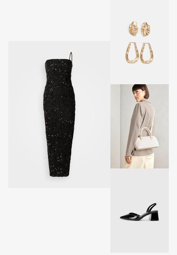 Jarlo CLEMENT - Apģērbs svinīgiem gadījumiem - black; Melna lakota āda ar atvērto papēdi, ar smailu purngalu un ģeometrisku blokpapēdi. Iezīmējas elegants, minimāls dizains un gluda tekstūra.; Balta strukturēta roku soma ar īsām rokturiem un plecu siksnu, ar zelta aparatūras akcentiem un strukturētu materiālu, izstādīta uz pelēka fona.; Zelta krāsas auskari ar teksturētām, viļņotām formām. Iekļauts skulpturāls piespraužams modelis un atvērta gredzenveida konstrukcija ar izsistām virsmām.