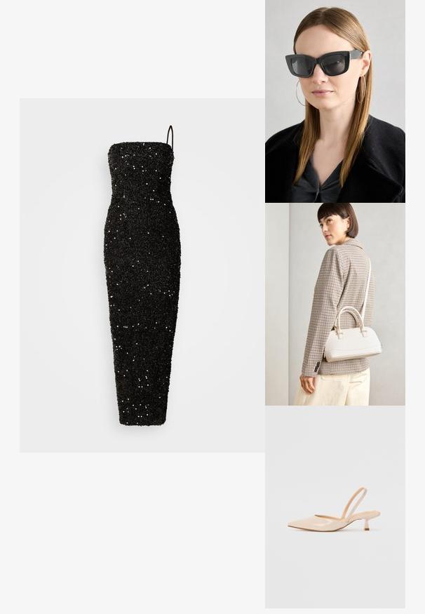 Jarlo CLEMENT czarny; Beżowe lakierowane czółenka na odkrytej pięcie z zasunięciem, z ostrym noskiem i smukłym, kwadratowym obcasem. Gładka faktura i minimalistyczny design bez zdobień.; Czarne okulary w kocim kształcie z ciemnymi soczewkami, grubymi oprawkami i subtelnymi akcentami. Noszone z czarnym płaszczem i szarym topem, z długimi prostymi włosami.; Biała torebka o strukturalnym kształcie z krótkimi uchwytami i paskiem na ramię, z złotymi akcentami i teksturowanym materiałem, prezentowana na szarym tle.