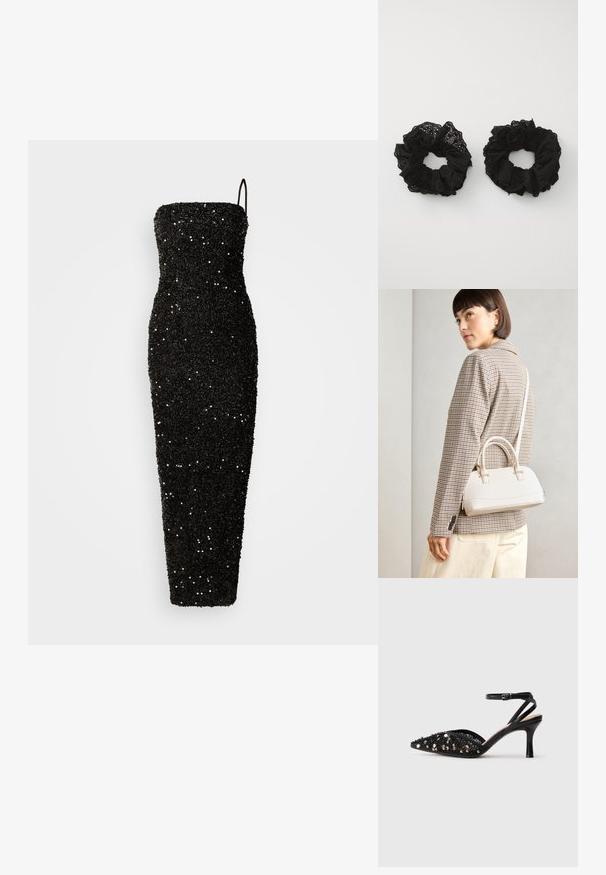 Jarlo CLEMENT - Oblačila za posebne priložnosti - black; Črne čevlje s srednjo peto in koničastim nosom, okrašene s črnimi in srebrnimi bleščicami, z ozkim paščkom okoli gležnja z zaponko.; Bela strukturirana torba z kratkimi ročaji in naramnim trakom, z zlatimi okrasnimi elementi in teksturiranim materialom, prikazana na sivi podlagi.; Črne tkanine scrunchies z nabranim teksturami, ki imajo očesne vzorce. Dve velikosti, obe mehki, z nežnim zaključkom.