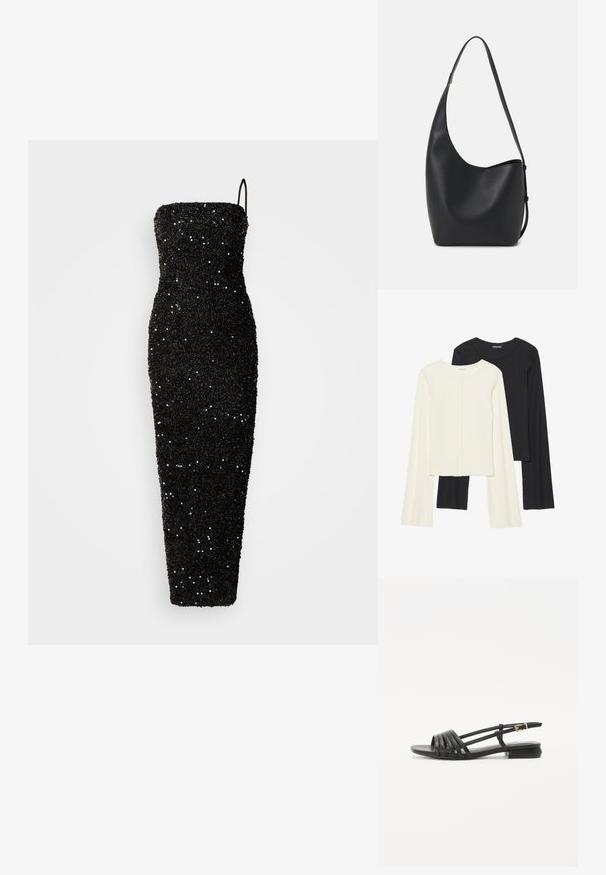 Jarlo CLEMENT - Alkalmi viselet - black; Két darabból álló hosszú ujjú felsők szettje fehér és fekete színben. Bordás textúra, kerek nyakkivágás, testhez simuló fazon, enyhén bővülő ujjakkal.; Fekete lapos szandálok, szíjakkal tervezve, amelyek több bőr pánttal és vékony bokapánttal rendelkeznek. A talp lapos és téglalap alakú.; Fekete bőr hobo táska sima textúrával, ívelt formával és egyetlen állítható pánttal; széles nyílás található a tetején.