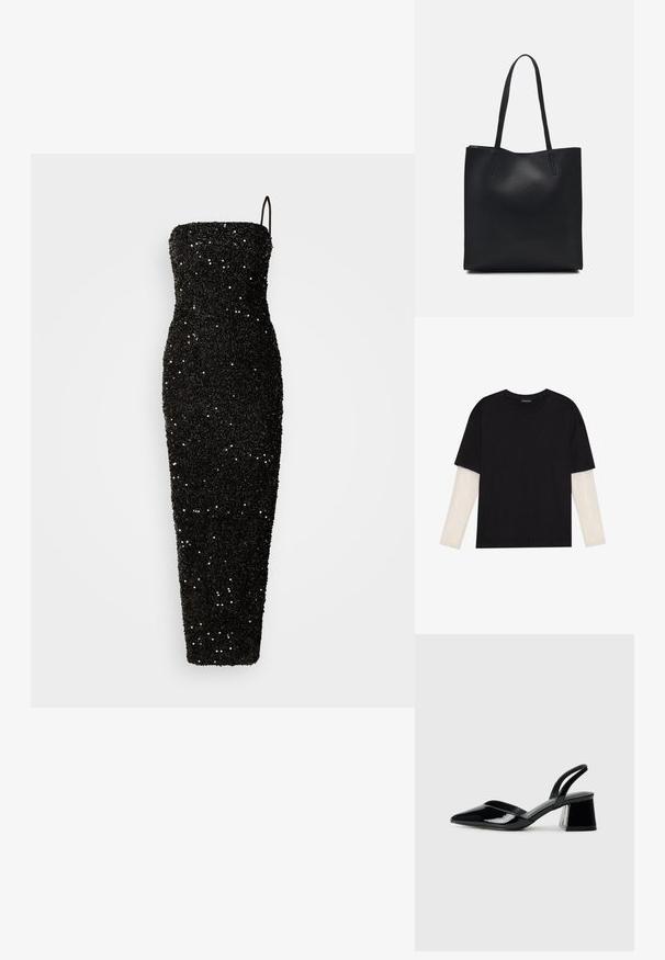 Jarlo CLEMENT - Oblečenie na špeciálnu príležitosť - black; Čierne tričko z bavlny, s krátkymi rukávmi cez biele tričko s dlhým rukávom, s jemným textúrovaným vzorom. Design s okrúhlym výstrihom.; Čierne lakované kožené sandálové podpätky s špicatou špičkou a geometrickým blokovým podpätkom. Disponujú elegantným, minimalistickým dizajnom a hladkým povrchom.; Čierna kožená taška na rameno s hladkým povrchom, obdĺžnikovým tvarom a dvoma dlhými uchami. Bez viditeľného kovania alebo ozdôb.