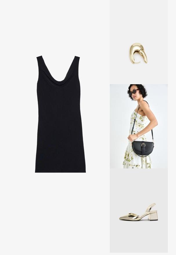 Juodas talijų marškinėliai su drapiruotu iškirpimu, be rankovių ir prigludusia siluetu. Pagaminta iš minkštos, lengvos medžiagos.; Auksiniai, metaliniai slingback aukštakulniai bateliai su smailiu pirštu ir masyviu kulnu. Lygus paviršius, minimalizmo dizainas ir siaura juostelė.; Juodas odinis krepšys su išlenkta forma, nuimamu dirželiu ir auksiniais detalėmis. Krepšys turi kilpą su sagtimi.; Aukso tono metalinės auskarai su stilingu, kreiviu dizainu. Išsiskiria ryškiu smailiu pavidalu, poliruota paviršiumi ir užsegimu su vyriu.