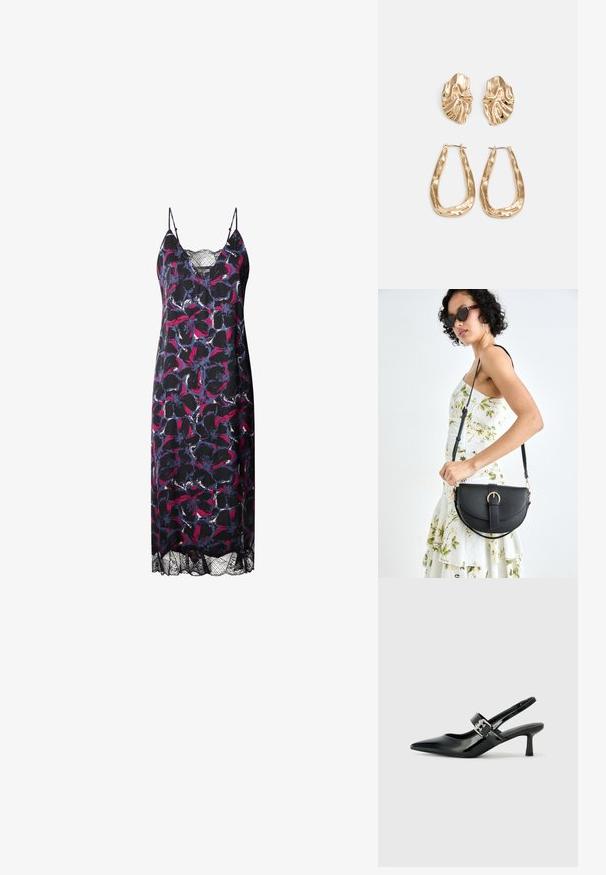Rochie florală cu un fundal întunecat, decorată cu modele vibrante de roz și albastru, cu bretele subțiri și o margine din dantela la baza.; Sandale cu toc din piele patent neagră, cu vârful ascuțit și un toc mic bloc, având un accent cu cataramă argintie pe curea.; Geantă din piele neagră, cu o formă curbată, curea detașabilă și accesorii aurii. Geanta are un capac cu un detaliu tip cataramă.; Cercei aurii cu forme texturate și ondulate. Include studs sculpturale cu clip și un design de cerc deschis cu un finisaj cioplit.