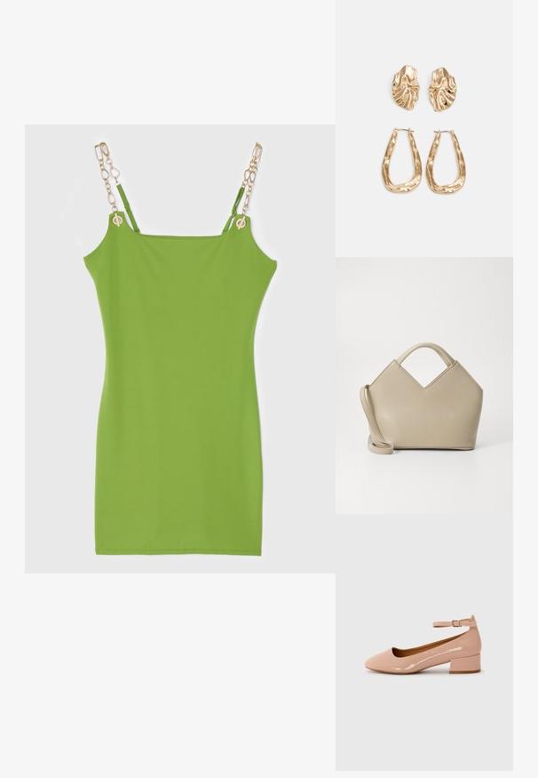 Vestido verde ajustado feito de um tecido suave, com elementos em ouro em estilo corrente nas alças e um design simples e minimalista.; Sandalha plana em verniz rosa com bico arredondado, tiras no tornozelo e um salto baixo em bloco. Textura suave e design minimalista.; Bolsa estruturada bege com um topo em forma de V, material de couro liso, alças curtas e uma alça longa ajustável. Design minimalista.; Brincos em tom de ouro com formas onduladas e texturizadas. Inclui studs escultóricos com presilha e um design de argola aberta com um acabamento martelado.
