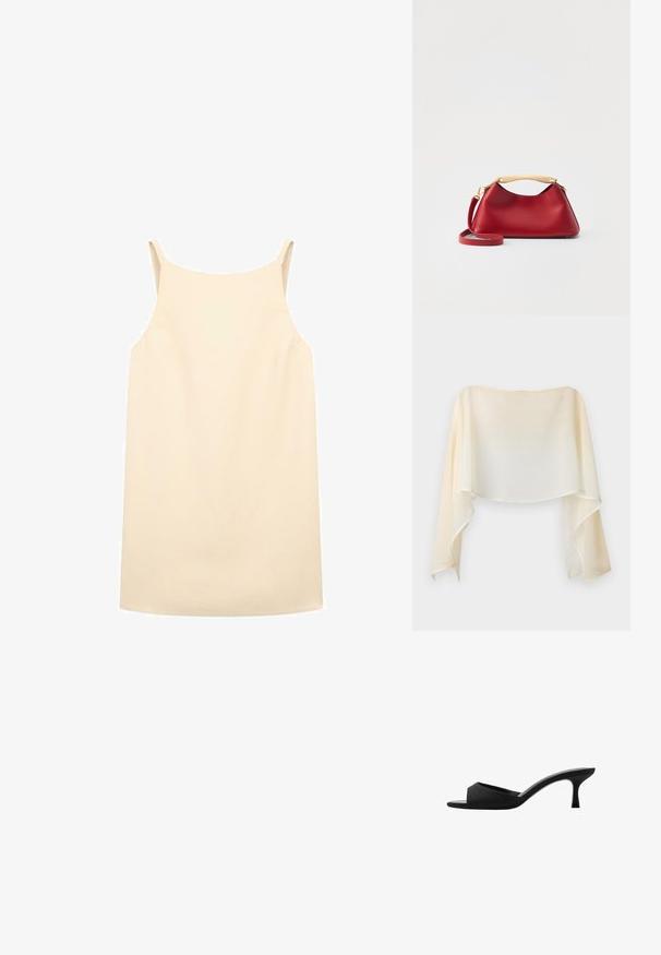Vestito beige senza maniche con vestibilità rilassata, realizzato in tessuto liscio, caratterizzato da spalline sottili e orlo dritto.; MAX&Co. NEWCIOE - Camicetta - off white; Mule nere con tacco alto, dotate di una punta larga e aperta e di una parte superiore curva. Realizzate in tessuto texture, presentano un tacco sottile e una suola liscia.; Elleme MINI BOOMERANG - Borsa a tracolla - Red